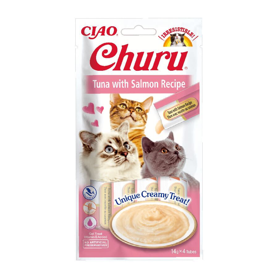 4 saquetas x 14 g Churu Snack Cremoso de Atum e Salm&atilde;o para gatos, , large Imagem n&uacute;mero 1